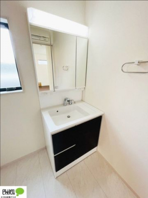 洗面台・洗面所　施工例写真：シャワー付き三面鏡洗面台。上部にも収納スペースがあり、小物がスッキリ片付きます